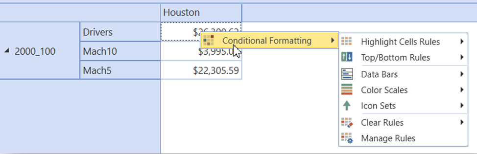 The conditional formatting options found under the manage rules menu choice. 